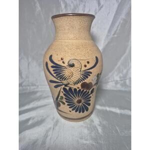 Vintage Mexican Tonala Pottery Vase - Hand-Painted Bird & Floral Design 8 3/4 In